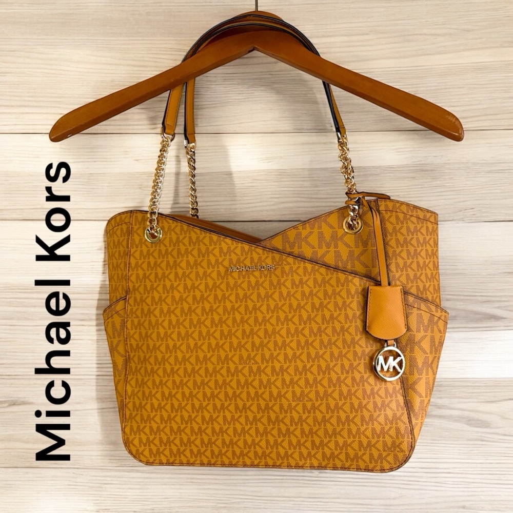 Michael Kors-NWOT Jet Set Logo Shoulder Bag Marigold/Signature Print. Gold chain - Picture 5 of 16